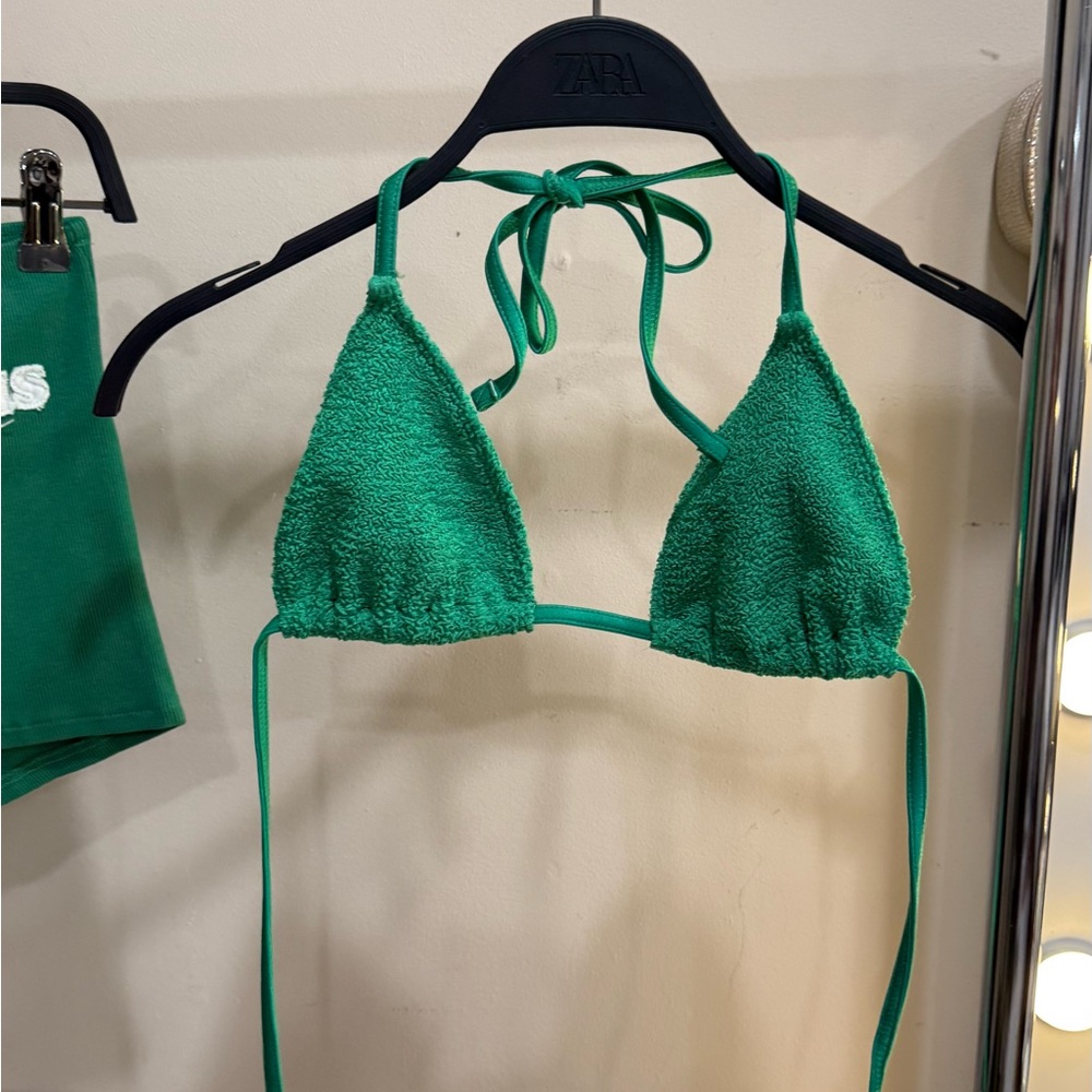 ASOS DESIGN Green Triangle Bikini Top One Size Textured Tie Up Swim Top